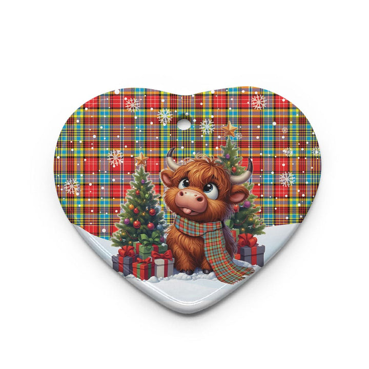 Scottish Ogilvie Clan Tartan Ceramic Ornament Cute Highland Cow Christmas Heart Style Tartan Plaid