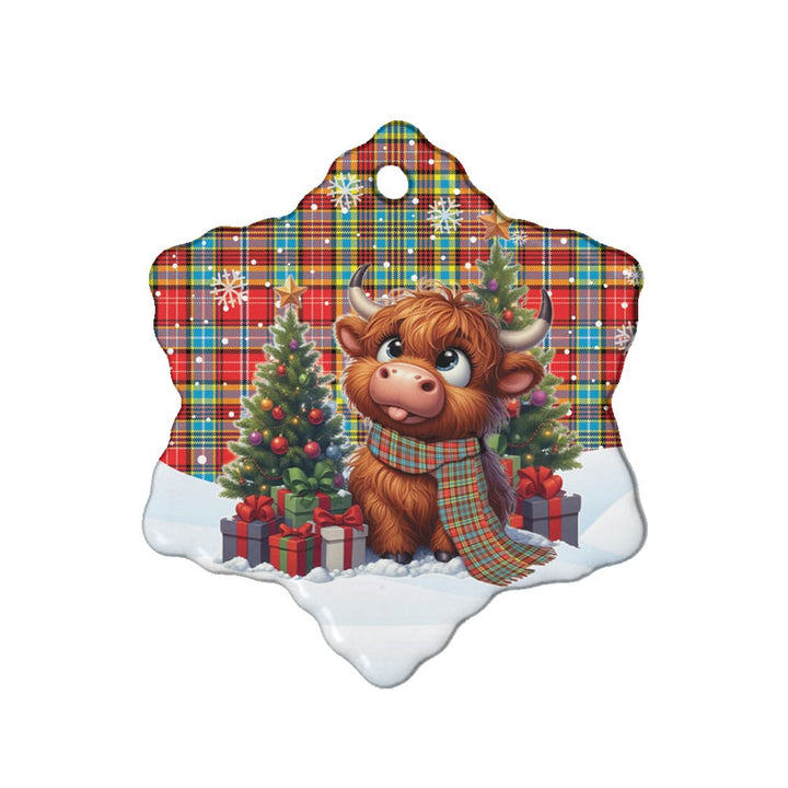 Scottish Ogilvie Clan Tartan Ceramic Ornament Cute Highland Cow Christmas Snow Flake Style Tartan Plaid