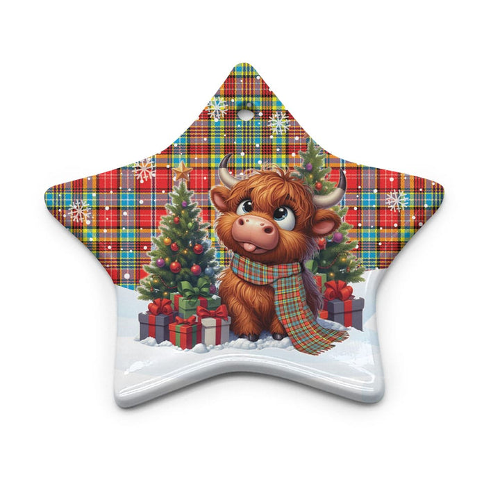 Scottish Ogilvie Clan Tartan Ceramic Ornament Cute Highland Cow Christmas Star Style Tartan Plaid