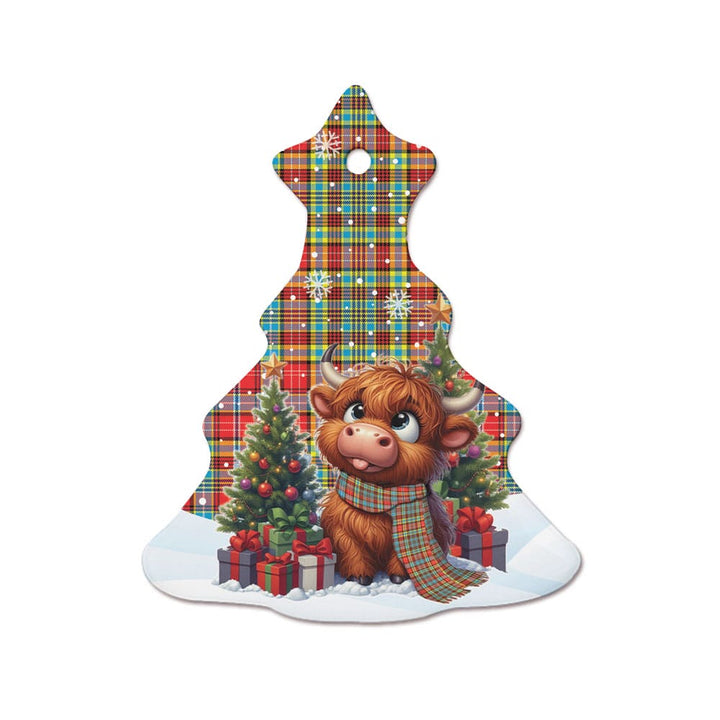 Scottish Ogilvie Clan Tartan Ceramic Ornament Cute Highland Cow Christmas Tree Style Tartan Plaid