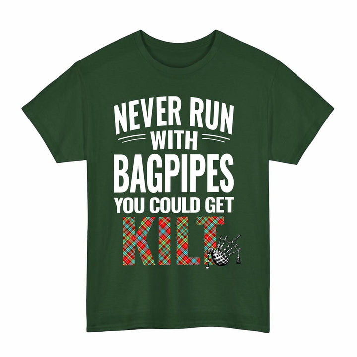 Scottish Ogilvie Clan Tartan Never Run With Bagpipes T-Shirt Tartan Plaid Forest Green Color