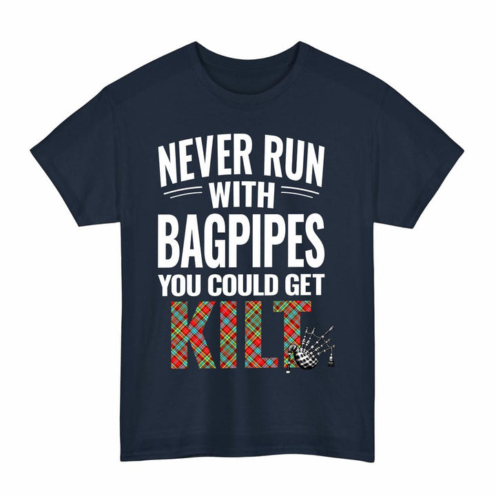 Scottish Ogilvie Clan Tartan Never Run With Bagpipes T-Shirt Tartan Plaid Navy Color