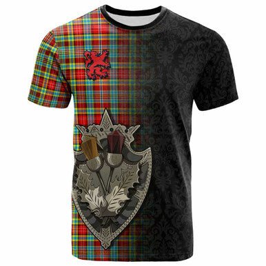 Scottish Ogilvie Clan Tartan T-Shirt - Half Thistle Flowers Celtic Design Front Side Tartan Plaid