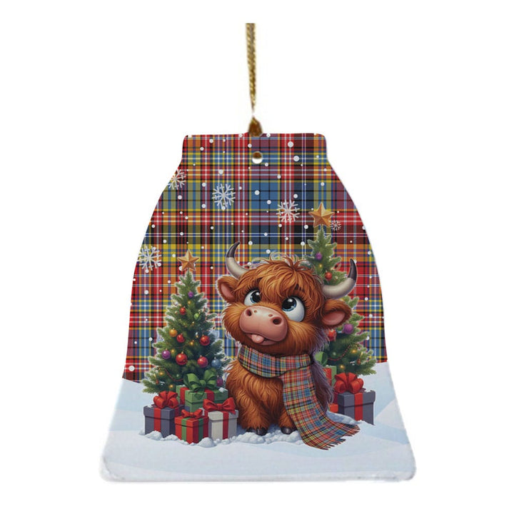 Scottish Ogilvie of Airlie Ancient Clan Tartan Ceramic Ornament Cute Highland Cow Christmas Bell Style Tartan Plaid