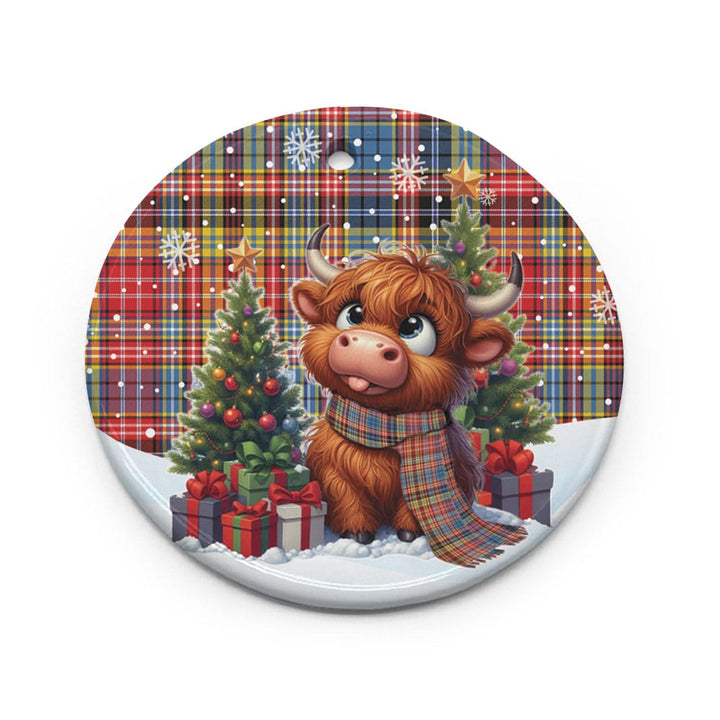 Scottish Ogilvie of Airlie Ancient Clan Tartan Ceramic Ornament Cute Highland Cow Christmas Circle Style Tartan Plaid