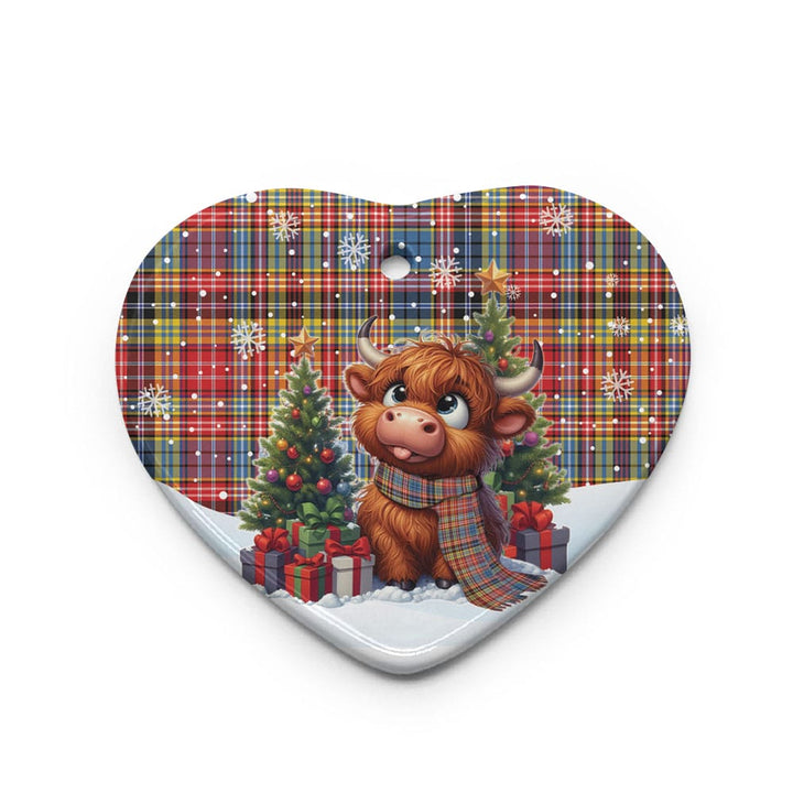 Scottish Ogilvie of Airlie Ancient Clan Tartan Ceramic Ornament Cute Highland Cow Christmas Heart Style Tartan Plaid