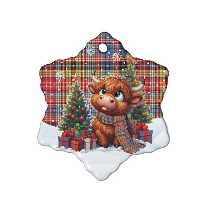 Scottish Ogilvie of Airlie Ancient Clan Tartan Ceramic Ornament Cute Highland Cow Christmas Snow Flake Style Tartan Plaid