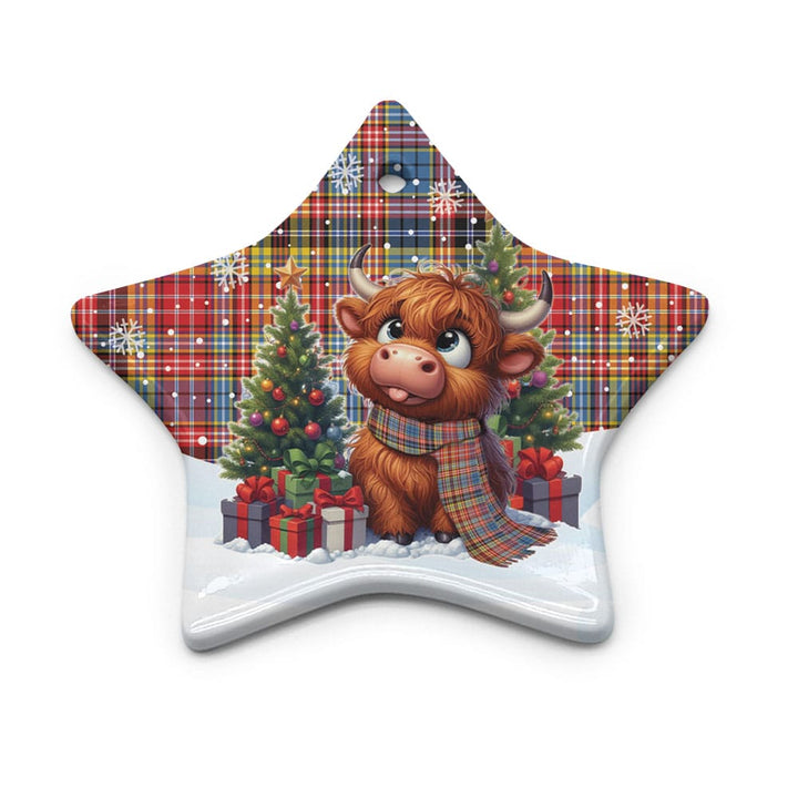 Scottish Ogilvie of Airlie Ancient Clan Tartan Ceramic Ornament Cute Highland Cow Christmas Star Style Tartan Plaid