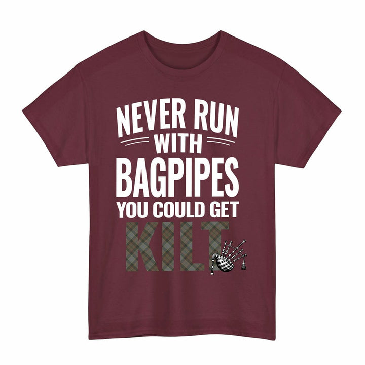Scottish Outlander Fraser Clan Tartan Never Run With Bagpipes T-Shirt Tartan Plaid Maroon Color