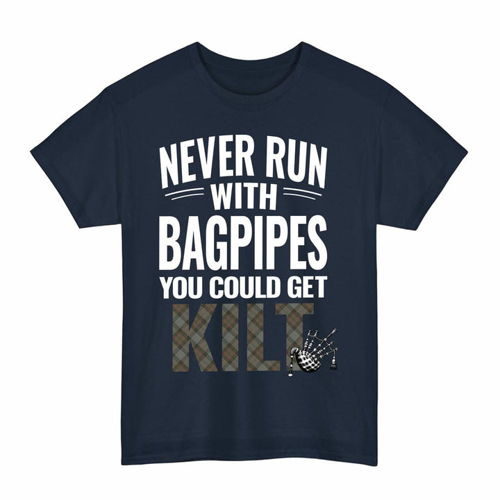 Scottish Outlander Fraser Clan Tartan Never Run With Bagpipes T-Shirt Tartan Plaid Navy Color