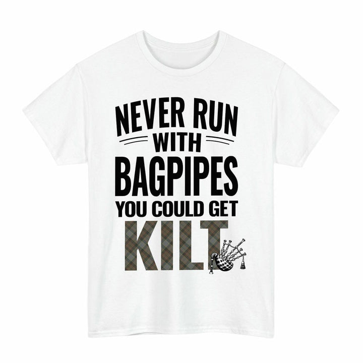 Scottish Outlander Fraser Clan Tartan Never Run With Bagpipes T-Shirt Tartan Plaid White Color