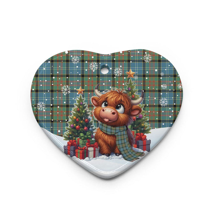 Scottish Paisley District Clan Tartan Ceramic Ornament Cute Highland Cow Christmas Heart Style Tartan Plaid