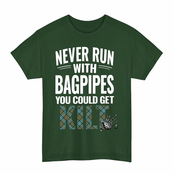 Scottish Paisley District Clan Tartan Never Run With Bagpipes T-Shirt Tartan Plaid Forest Green Color