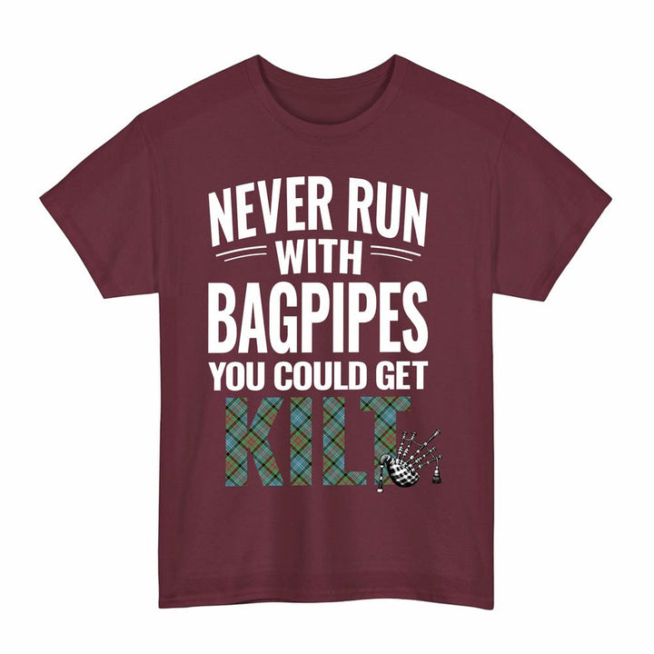 Scottish Paisley District Clan Tartan Never Run With Bagpipes T-Shirt Tartan Plaid Maroon Color
