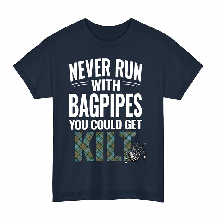 Scottish Paisley District Clan Tartan Never Run With Bagpipes T-Shirt Tartan Plaid Navy Color