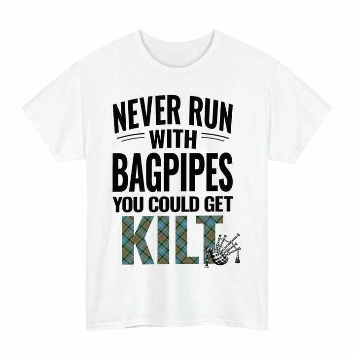 Scottish Paisley District Clan Tartan Never Run With Bagpipes T-Shirt Tartan Plaid White Color