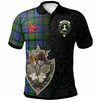 Scottish Paterson Clan Crest Tartan Polo Shirt - Half Thistle Flowers Celtic Design Front Side Tartan Plaid