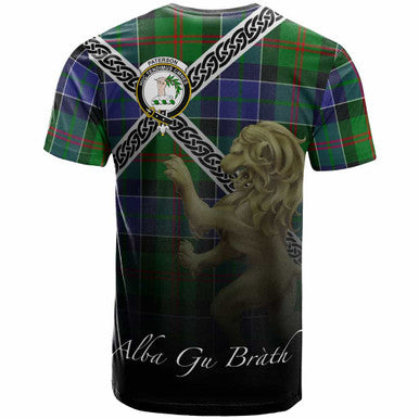 Scottish Paterson Clan Crest Tartan T-Shirt - Celtic With Scotland Lion Back Side Tartan Plaid