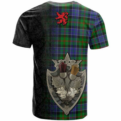 Scottish Paterson Clan Crest Tartan T-Shirt - Half Thistle Flowers Celtic Design Back Side Tartan Plaid