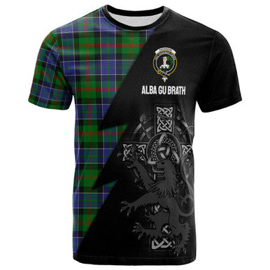 Scottish Paterson Clan Crest Tartan T-Shirt - Lion Rampant Celtic Cross Flash Style Front Side Tartan Plaid