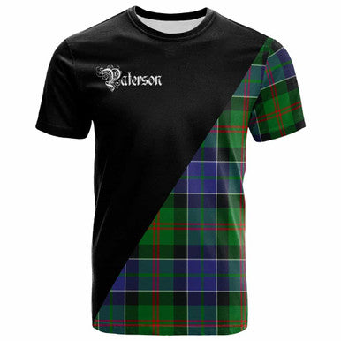 Scottish Paterson Clan Crest Tartan T-Shirt - Military Logo Front Side Tartan Plaid