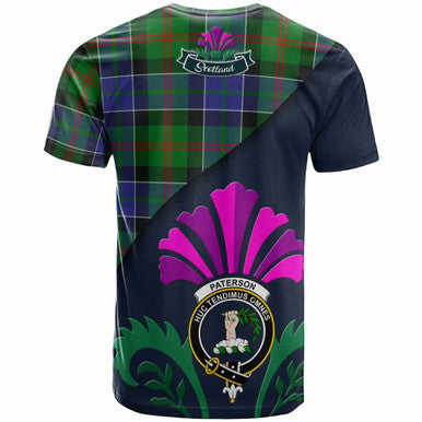 Scottish Paterson Clan Crest Tartan T-Shirt - Scotland Thistle Style Back Side Tartan Plaid