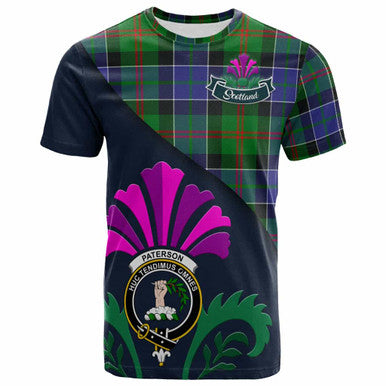 Scottish Paterson Clan Crest Tartan T-Shirt - Scotland Thistle Style Front Side Tartan Plaid