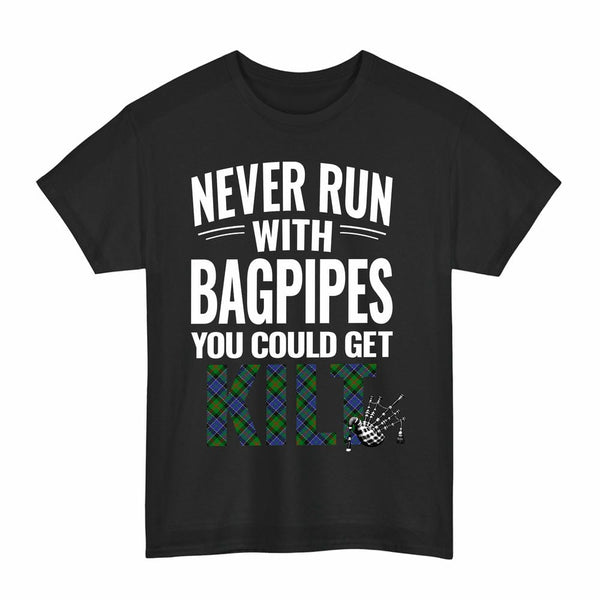 Scottish Paterson Clan Tartan Never Run With Bagpipes T-Shirt Tartan Plaid Black Color
