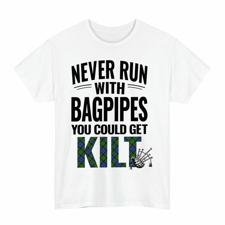 Scottish Paterson Clan Tartan Never Run With Bagpipes T-Shirt Tartan Plaid White Color