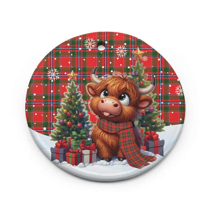 Scottish Perthshire District Clan Tartan Ceramic Ornament Cute Highland Cow Christmas Circle Style Tartan Plaid
