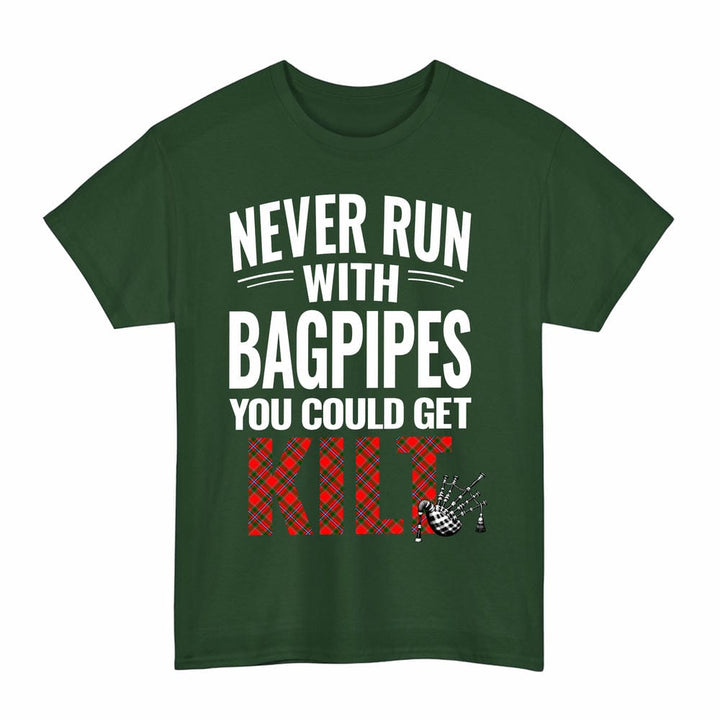 Scottish Perthshire District Clan Tartan Never Run With Bagpipes T-Shirt Tartan Plaid Forest Green Color