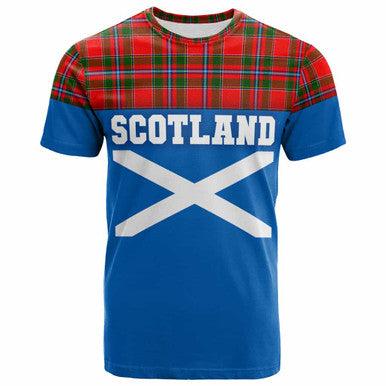 Scottish Perthshire District Clan Tartan T-Shirt - Lion Rampant of Scotland With Flag Front Side Tartan Plaid