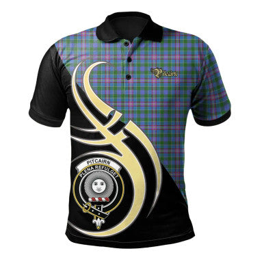 Scottish Pitcairn Hunting Clan Crest Tartan Polo Shirt Believe in Me Front Side Tartan Plaid