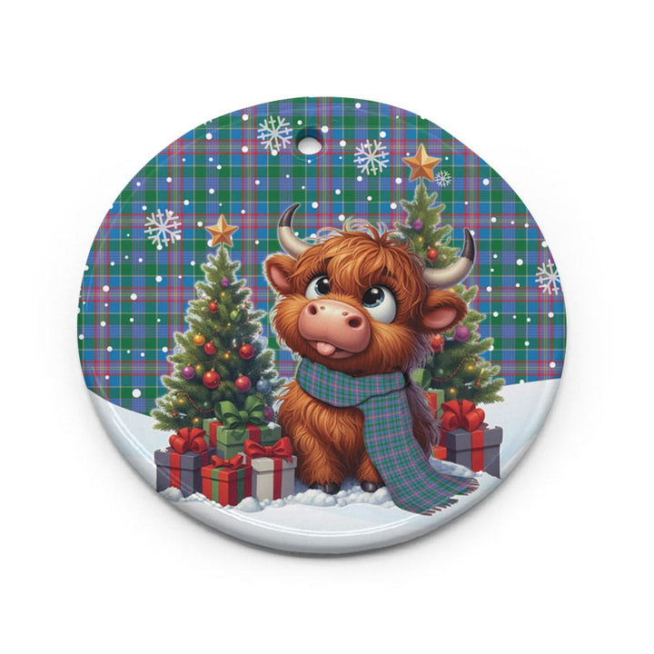Scottish Pitcairn Hunting Clan Tartan Ceramic Ornament Cute Highland Cow Christmas Circle Style Tartan Plaid