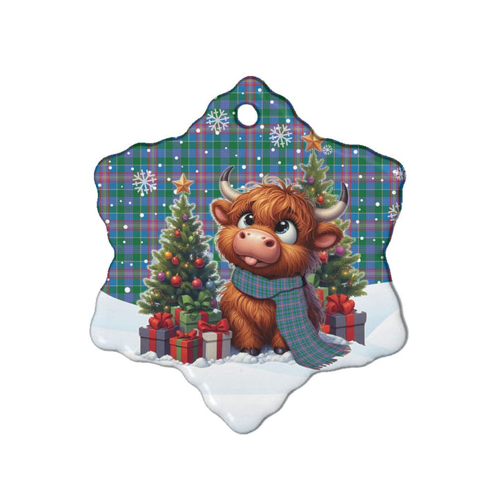 Scottish Pitcairn Hunting Clan Tartan Ceramic Ornament Cute Highland Cow Christmas Snow Flake Style Tartan Plaid
