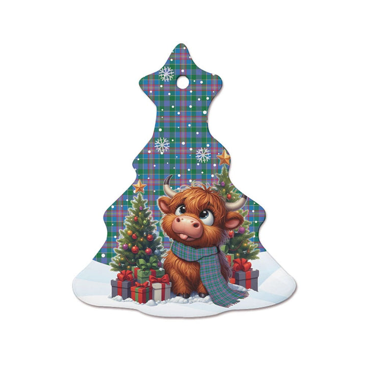 Scottish Pitcairn Hunting Clan Tartan Ceramic Ornament Cute Highland Cow Christmas Tree Style Tartan Plaid
