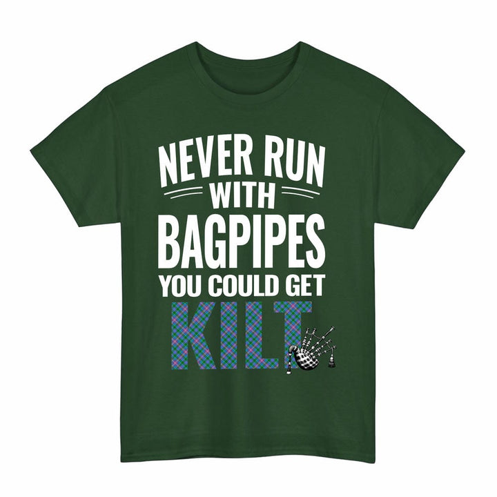 Scottish Pitcairn Hunting Clan Tartan Never Run With Bagpipes T-Shirt Tartan Plaid Forest Green Color