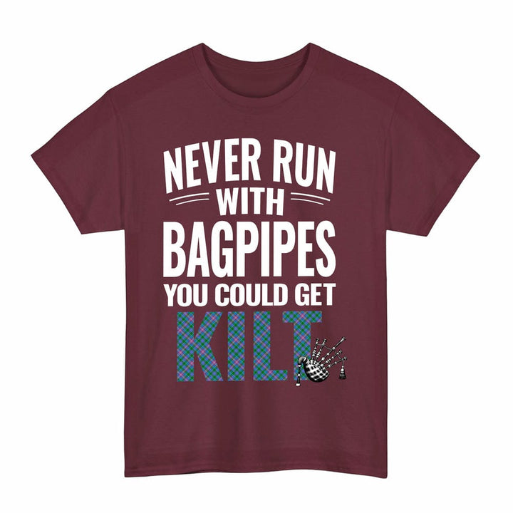 Scottish Pitcairn Hunting Clan Tartan Never Run With Bagpipes T-Shirt Tartan Plaid Maroon Color