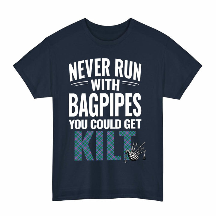 Scottish Pitcairn Hunting Clan Tartan Never Run With Bagpipes T-Shirt Tartan Plaid Navy Color