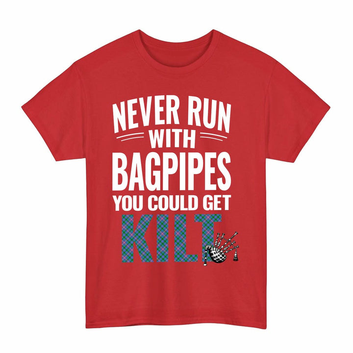 Scottish Pitcairn Hunting Clan Tartan Never Run With Bagpipes T-Shirt Tartan Plaid Red Color