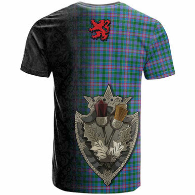 Scottish Pitcairn Hunting Clan Tartan T-Shirt - Half Thistle Flowers Celtic Design Back Side Tartan Plaid