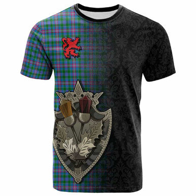Scottish Pitcairn Hunting Clan Tartan T-Shirt - Half Thistle Flowers Celtic Design Front Side Tartan Plaid