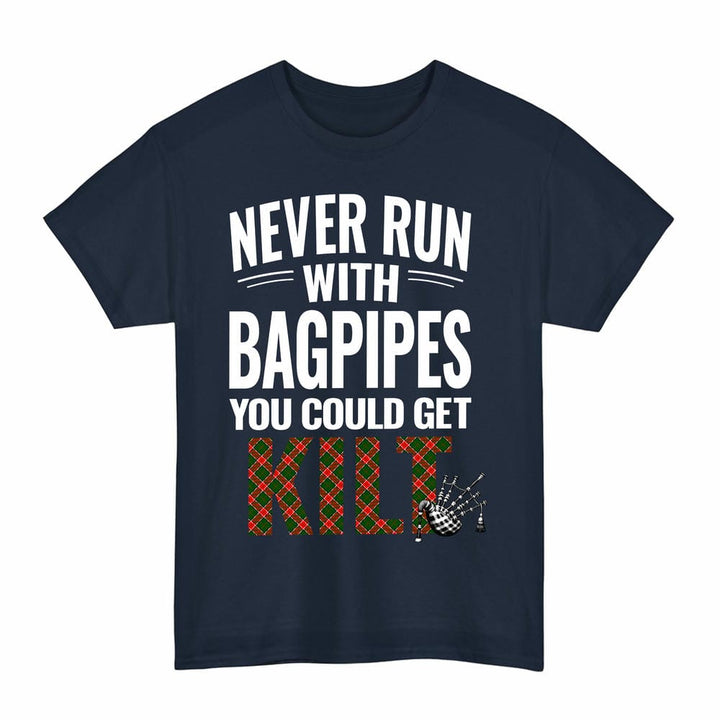 Scottish Pollock Modern Clan Tartan Never Run With Bagpipes T-Shirt Tartan Plaid Navy Color