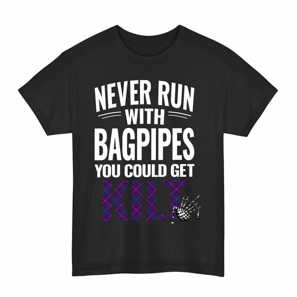 Scottish Pride of Glencoe Clan Tartan Never Run With Bagpipes T-Shirt Tartan Plaid Black Color