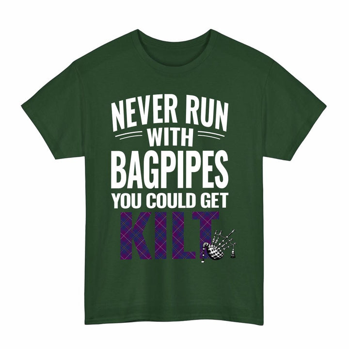 Scottish Pride of Glencoe Clan Tartan Never Run With Bagpipes T-Shirt Tartan Plaid Forest Green Color