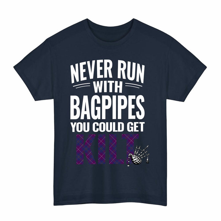 Scottish Pride of Glencoe Clan Tartan Never Run With Bagpipes T-Shirt Tartan Plaid Navy Color