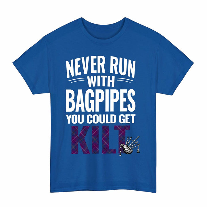 Scottish Pride of Glencoe Clan Tartan Never Run With Bagpipes T-Shirt Tartan Plaid Royal Color