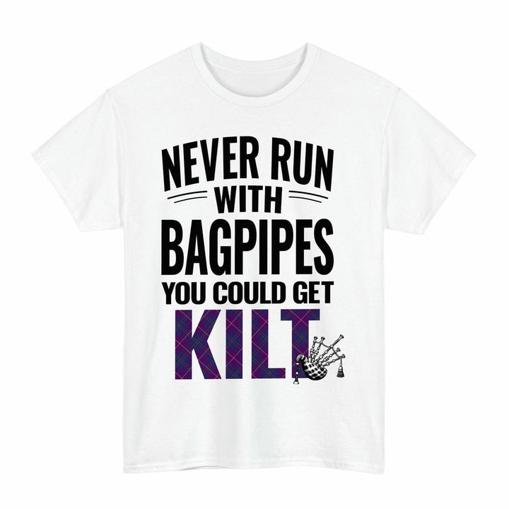 Scottish Pride of Glencoe Clan Tartan Never Run With Bagpipes T-Shirt Tartan Plaid White Color