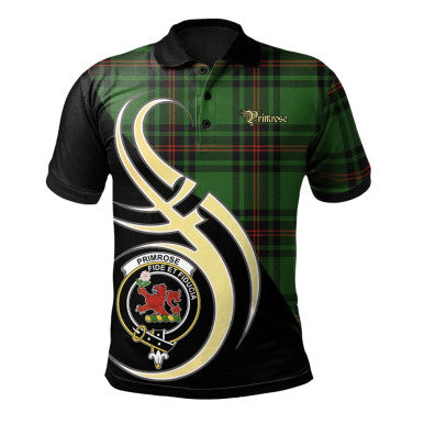 Scottish Primrose Clan Crest Tartan Polo Shirt Believe in Me Front Side Tartan Plaid