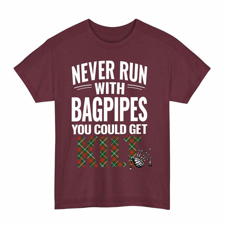 Scottish Prince of Wales Clan Tartan Never Run With Bagpipes T-Shirt Tartan Plaid Maroon Color